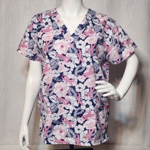 365 Workwear Scrubs Top Pink Ribbons Paisley Print Floral Womens V Neck